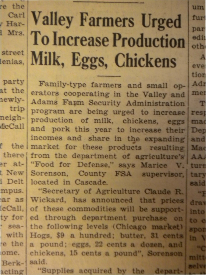 Article about the Farm Security Administration urging farmers to increase production of milk, chickens, eggs and pork so they may to share in the profits from the expanding market of these products.