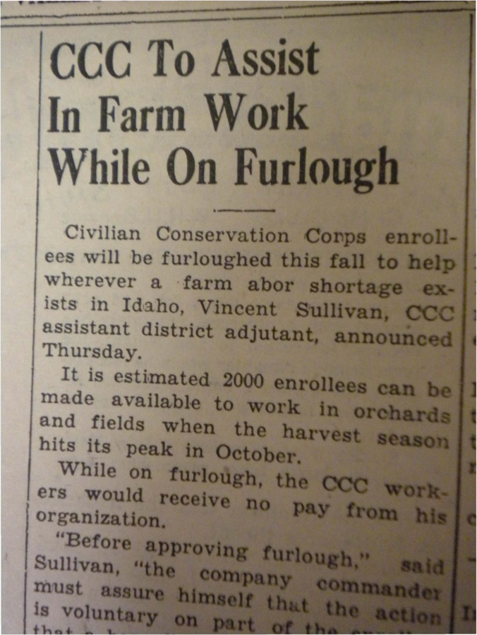 Article explaining the need for farm and orchard hands in Idaho, the purpose for furloughing CCC enrollees.