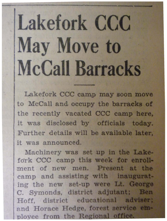 Article that relays the possibility of the Lakefork CCC camp moving into the vacated McCall Barracks.