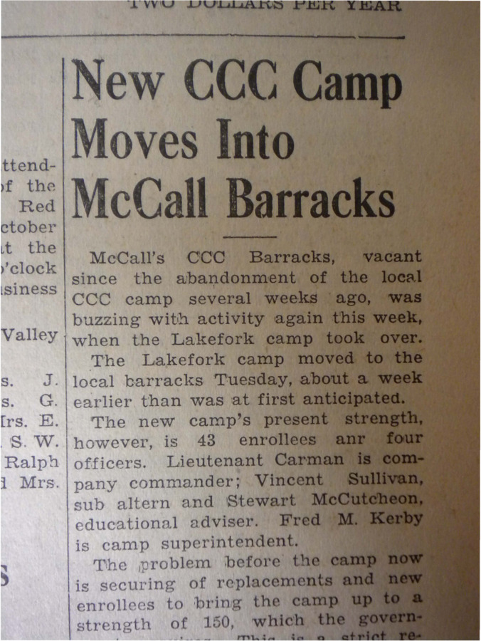 Article about the Lakefork CCC camp taking over the McCall barracks, but with only 43 members, the camp must recruit nearly 100 more.