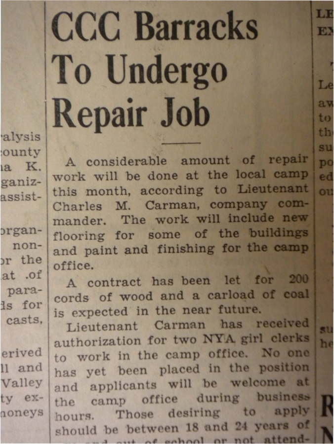 Piece about upcoming repair work and the opening of two clerk positions at the McCall CCC Barracks.