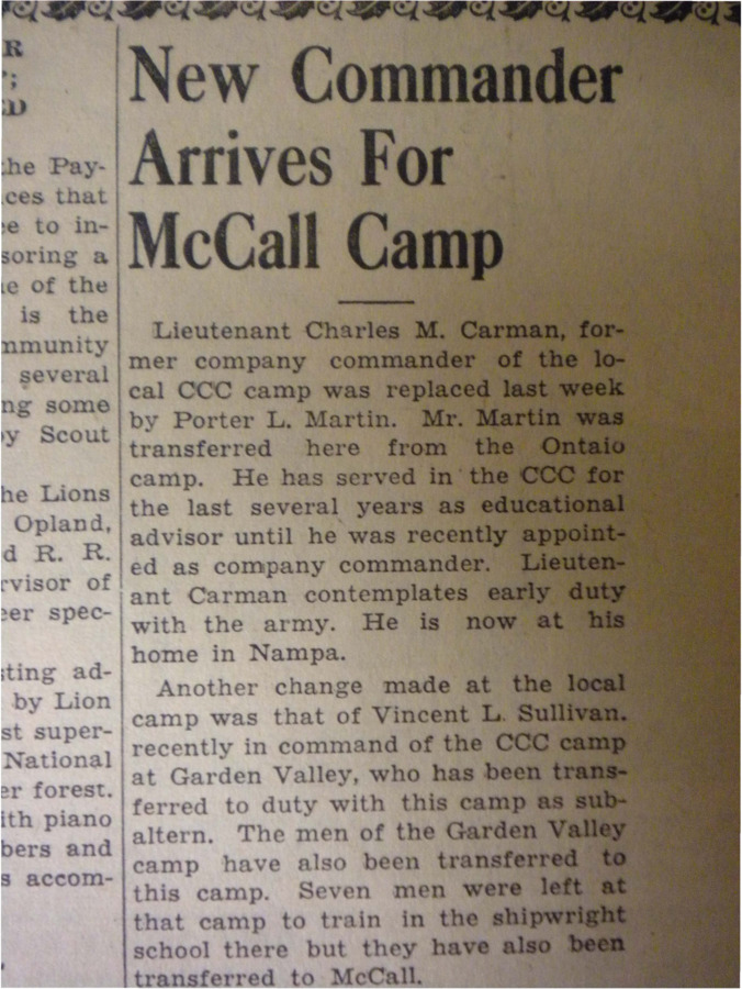 Story about the replacement of Lt. Charles M. Carman with the former educational advisor of the Ontario camp, Porter L. Martin.