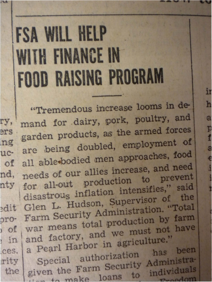 Article about the FSA's financing of food raising programs because of the impact of World War II.