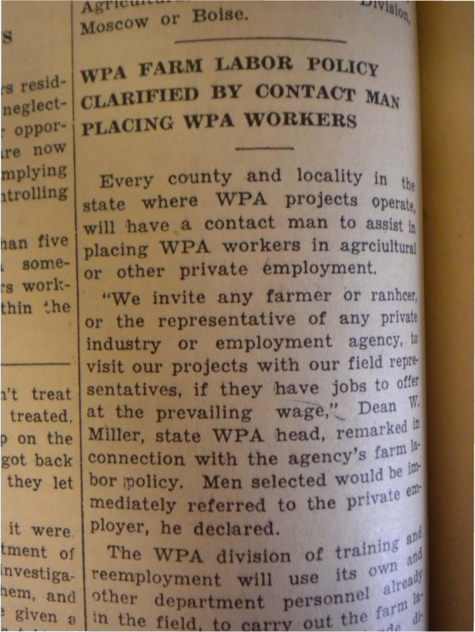 Story about the WPA's new project in which a 'contact man' will be established in each area to place workers accordingly.