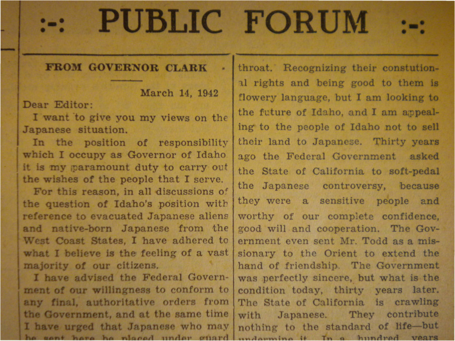 Response from Idaho Governor Chase A. Clark to the fear of Japanese people exhibited by Idaho's people, in which Clark appeals to the people of Idaho not to sell land to the Japanese.