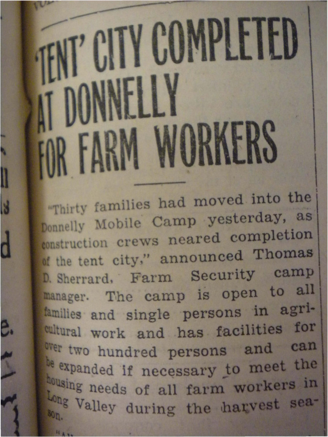 Article about the completion of the new 'tent city' camp for agricultural workers outside of Donnelly.