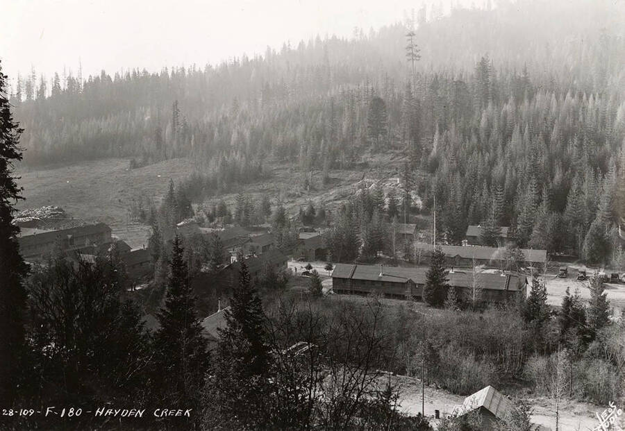View of Hayden Creek CCC Camp and surrounding scenery. Writing on the photo reads: '28-109 F-180 Hayden Creek'.