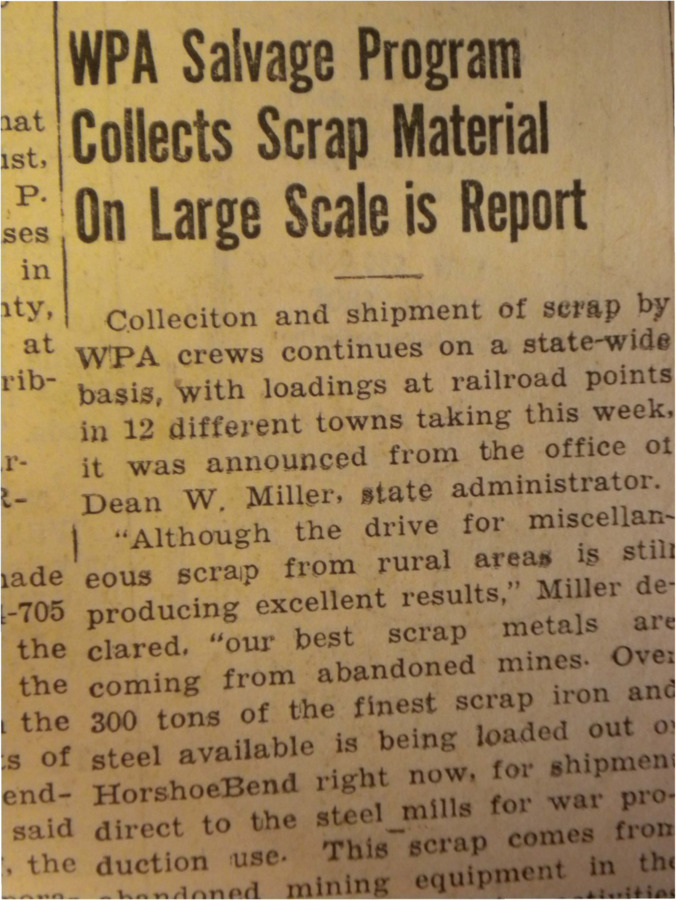 Story about WPA crews shipping scrap metal from rural areas and abandoned mines.
