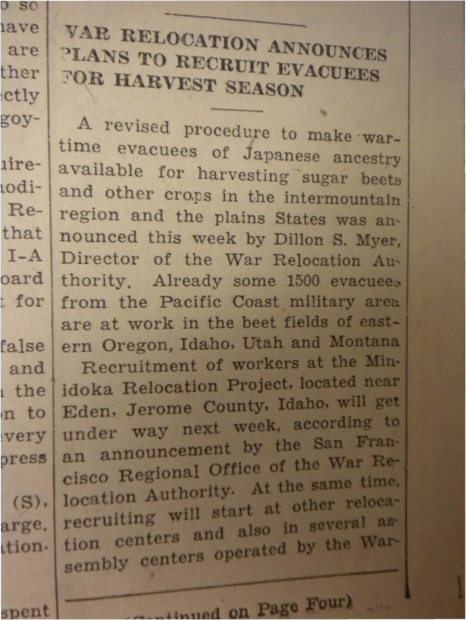 Story about the War Relocation Authority's plan to use American Japanese evacuees for farming labor in Idaho, Montana, Utah and eastern Oregon.