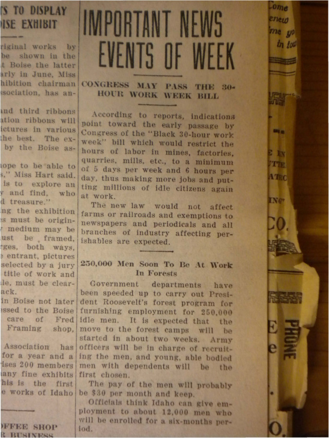 News clippings, one discussing the possibility that congress minimize work hours for hard labor to only 30 hour work-weeks, the other following up on Roosevelt's forest program.