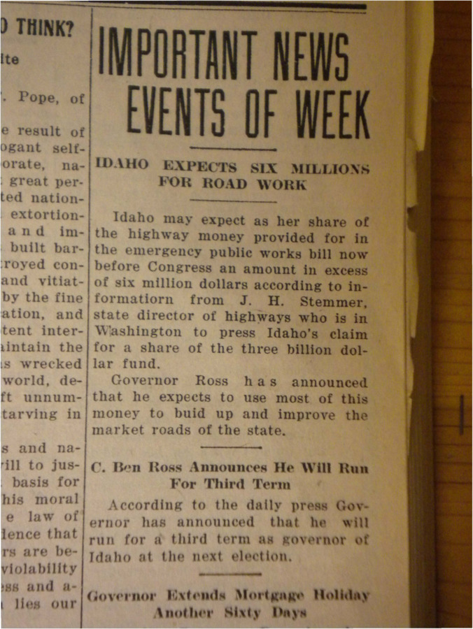 Two news clippings, the first about the expectation for the state of Idaho to receive six million dollars for road construction, the second about Governor C. Ben Ross's decision to run for a third term.