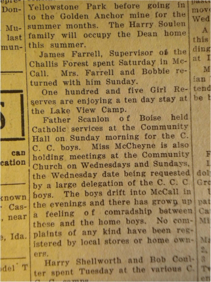 Grouping of small news pieces, mostly about trips taken by the townsfolk and Catholic services held for CCC workers.