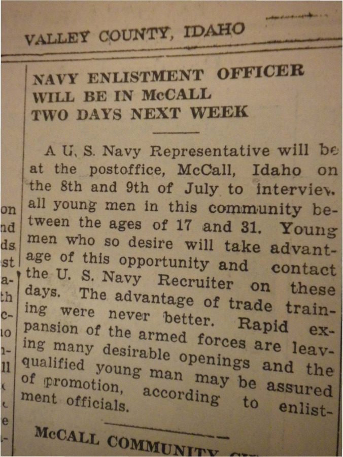 Blurp about the arrival of a U.S. Navy Representative in McCall to recruit young men.