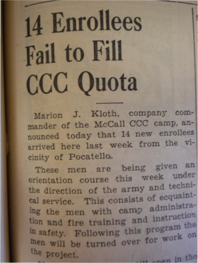 Piece outlining the steps the new 14 members of the Pocatello CCC camp must take in becoming fully trained members, as well as information about how to enroll.