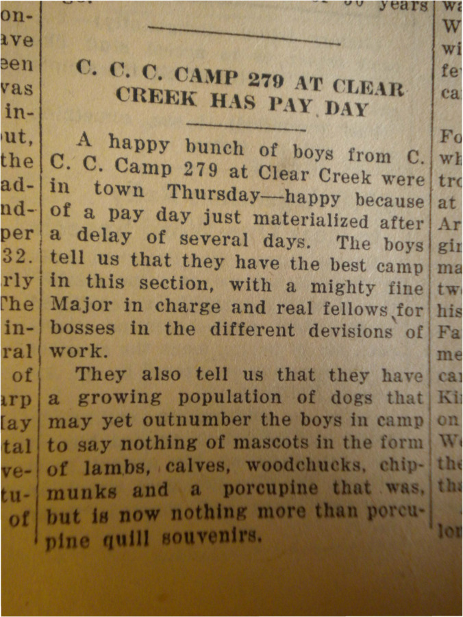 Short column about the Clear Creek CCC crew getting paid after a delay.