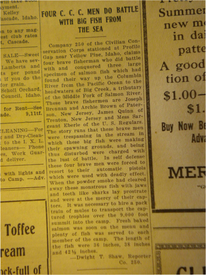 Column about the battle between four CCC men and some giant fish that made it from the Pacific Ocean to Big Creek.