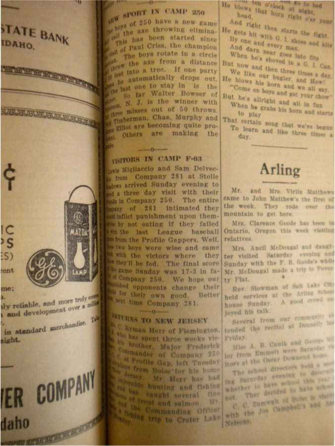 Three short news articles, the first about the new sport of axe-throwing in camp 250, the second about co. 281's visit to camp f-63 and the third about C. Ryman Herr departing from Boise, where he had been visiting his brother, Commander of Co. 250, Major Frederick Herr.
