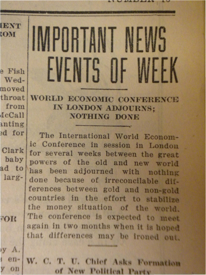Four short clippings, one about the International World Economic Conference in London, the next about the Women's Christian Temperance Union's plea for a new national political party, the third about the estimated 100 thousand people who are expected to be put to work, and the last about 1025 Idahoans  who were sent to conservation camps.
