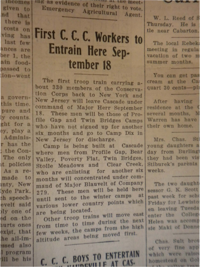 Column about the movement of many CCC workers, some who will return home to the east coast and some who will continue to work at a different camp.