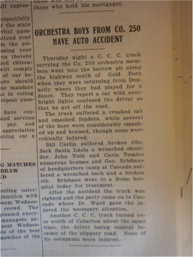 Article about a car accident in which several of the workers from Co. 250 swerved off the road due to a passerby's bright lights.