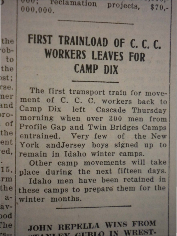 Short column about several CCC workers leaving Profile Gap and Twin Bridges to return to New York and New Jersey.