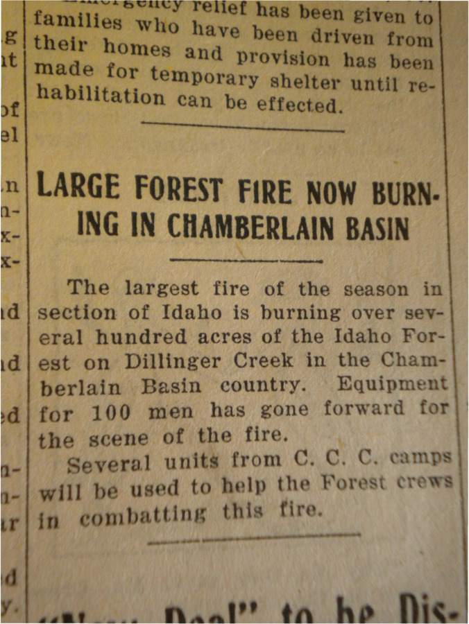 Column  about the largest fire of the season near Dillinger Creek in the Chamberlain basin country.