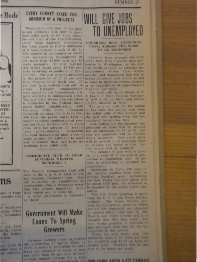 Article about Governor Ross's announcement to employ ten to twelve thousand men in Idaho.