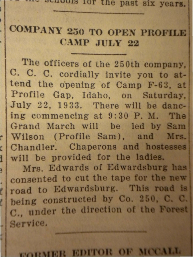 Blurb containing an invitation from the officers of the 250th CCC company to attend the opening of Camp F-63 at Profile Gap.