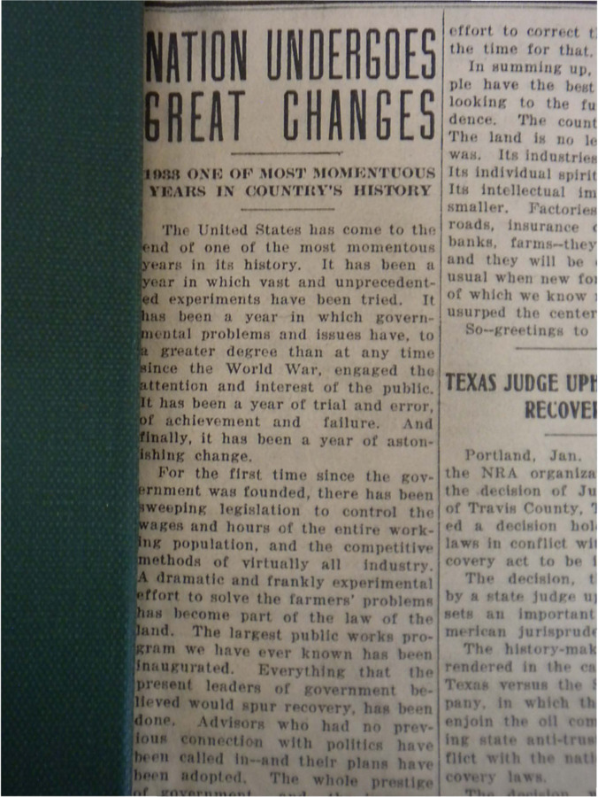 Column about changes seen in America during 1933, including various federal programs and the CCC.