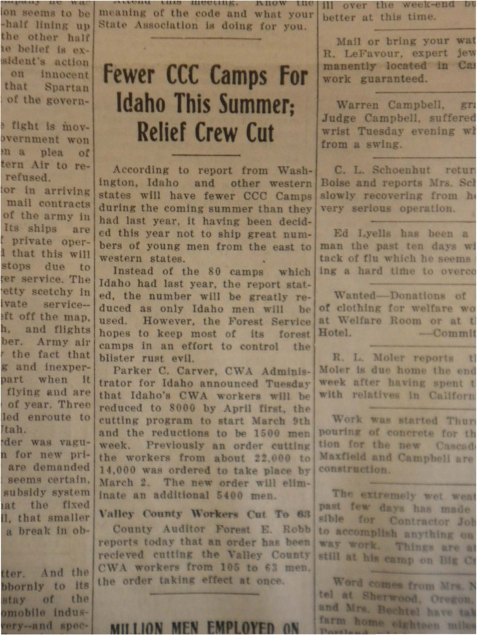 Article about the reduction of CCC camps and enrollees around Idaho due to the government's decision to use local enrollees primarily in the state.