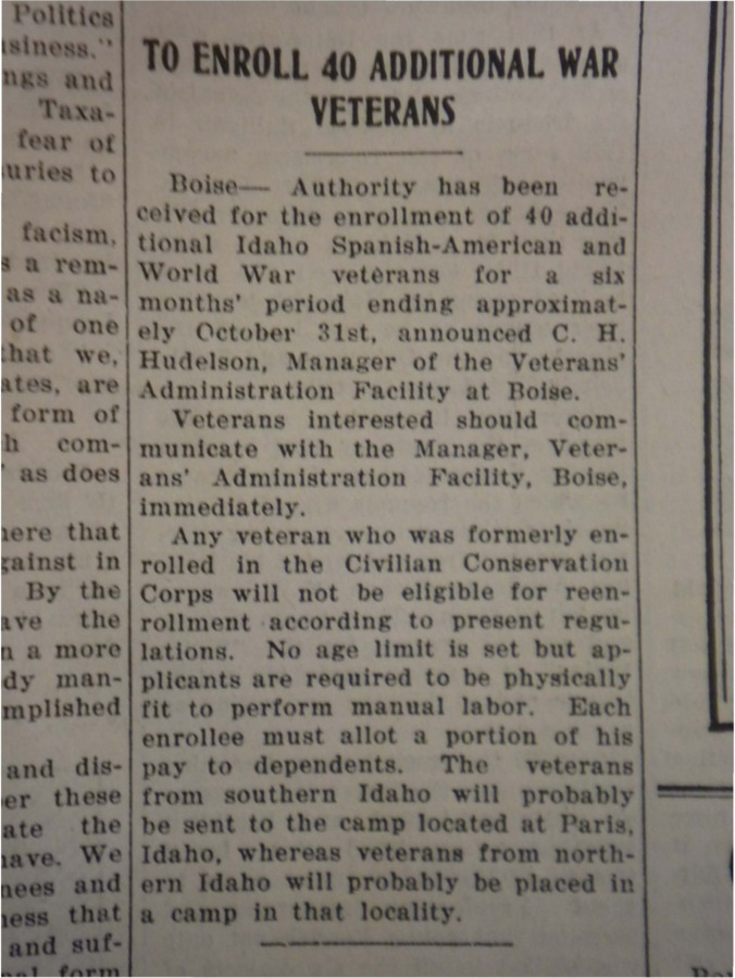 Article stating that 40 more WWI or Spanish-American War veterans will be enrolled for a six month period, ending October 31st.