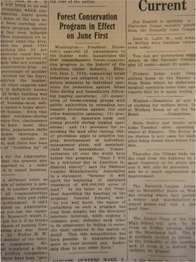 Article about President Roosevelt's approval of amendments to the lumber code, all directed at forest conservation.