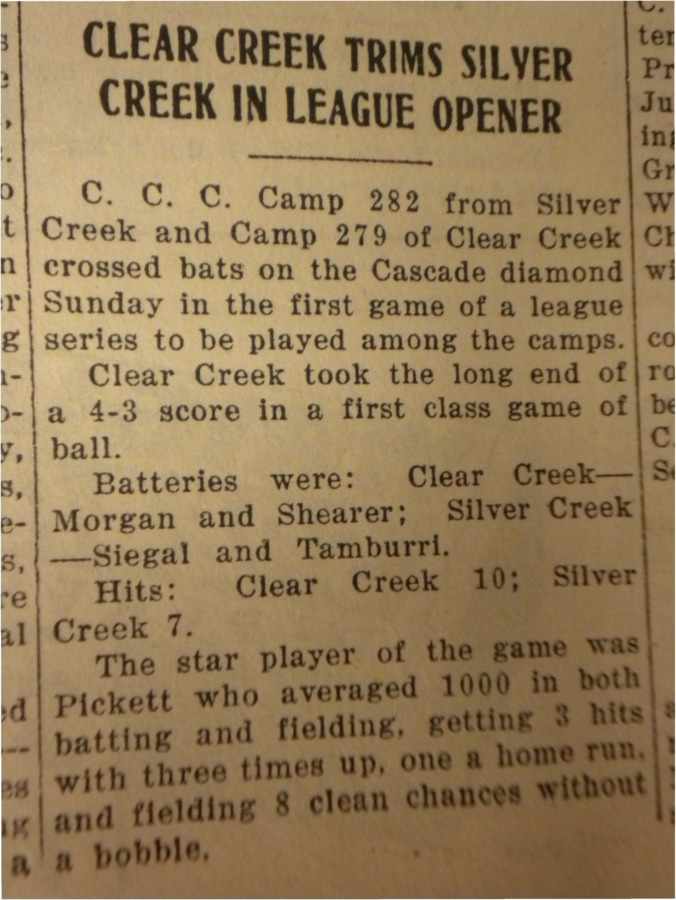 Recap of the baseball game between CCC camps 282 and 279, in which Clear Creek 279 won 4-3.