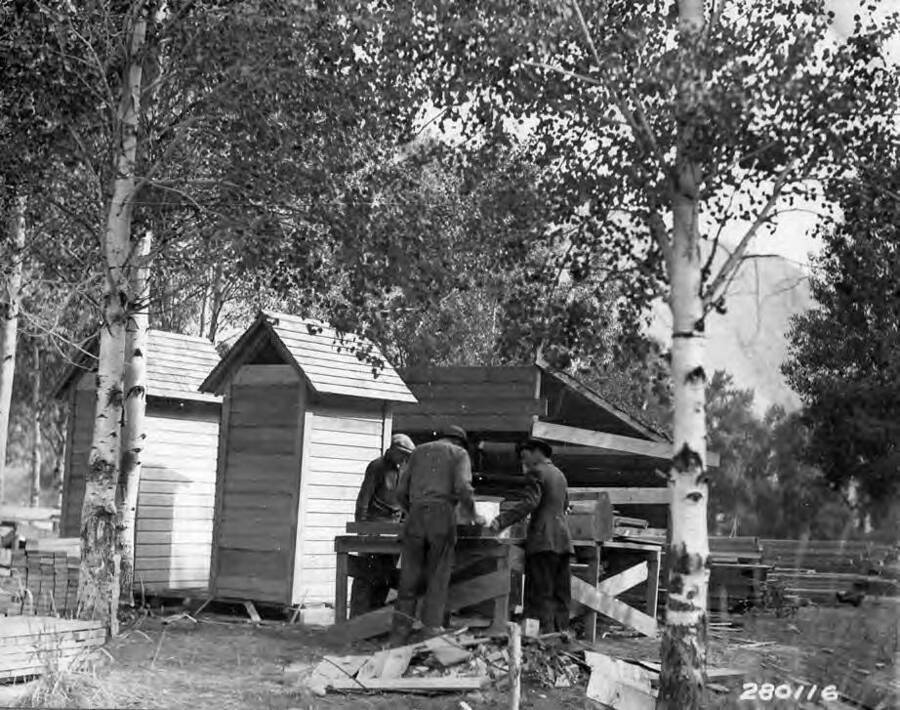 CCC men building campground tables and toilets at Camp Ketchum, in the Sawtooth National Forest, Idaho.