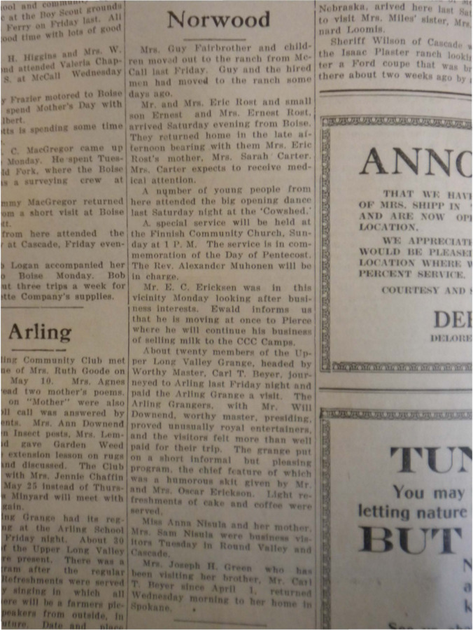 Collection of news items from Norwood, including entertainment at Arling Grange, medical attention and a church service preview.