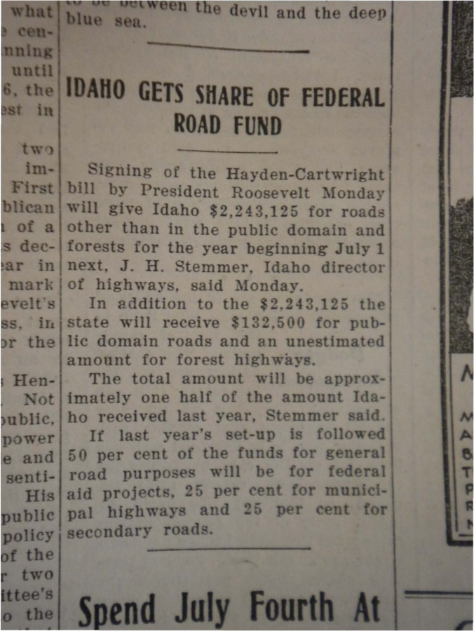 Short article about the signing of the Hayden-Cartwright bill by President Roosevelt which will give Idaho over $2 million for highways.