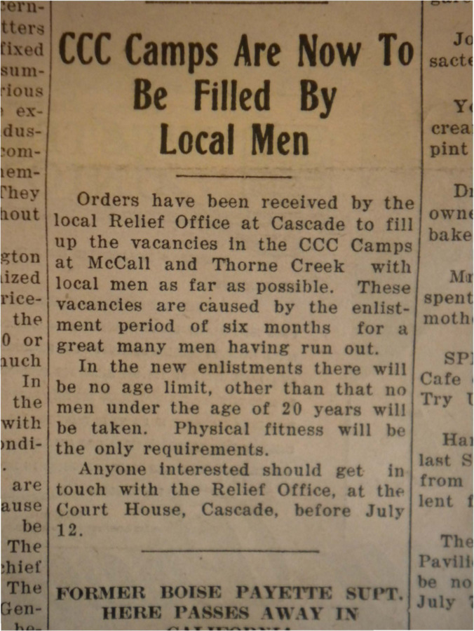 Short article about orders given by the government to fill the vacancies at the CCC camps in McCall and Thorne Creek with local men.