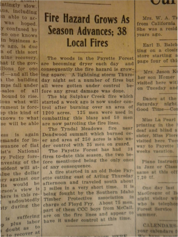 Article about several fires that had popped up in the dry Payette Forest and the successful attempts by CCC workers to extinguish them.