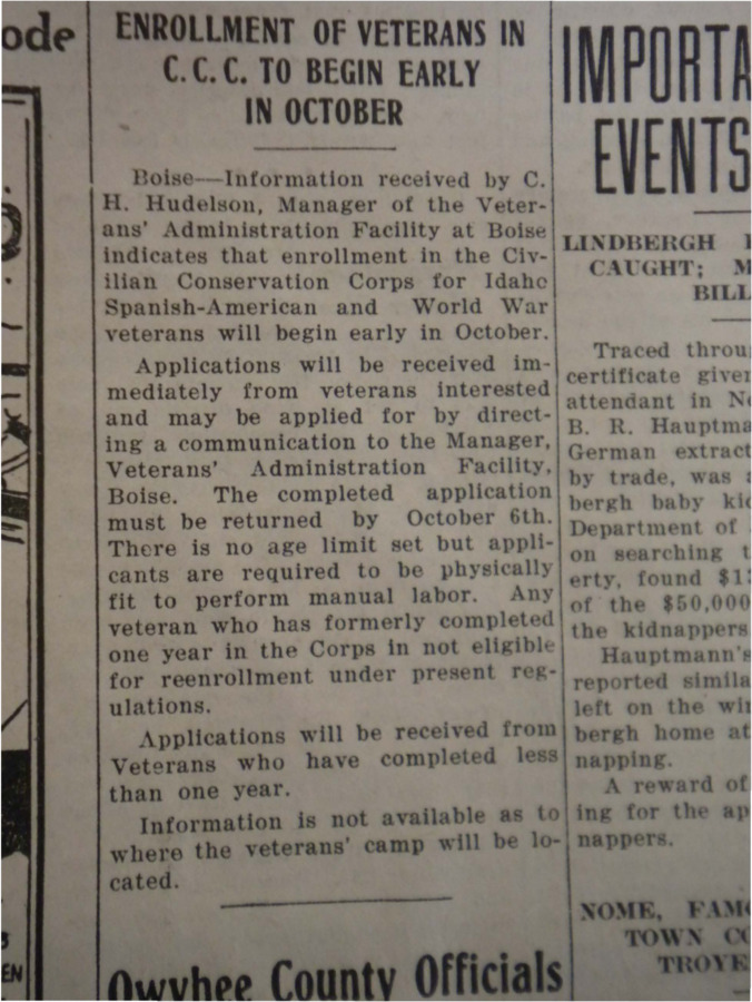 Article about C. H. Hudelson's announcement that the CCC will now accept applications from veterans for enrollment in early October.