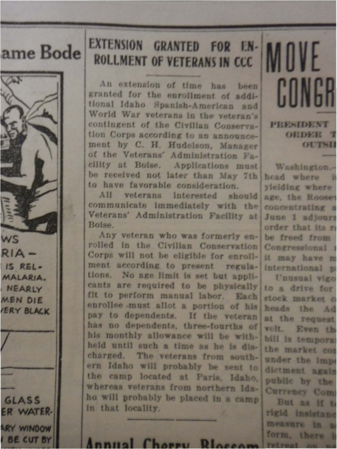Article about the time extension granted to potential veteran enrollees for CCC work.