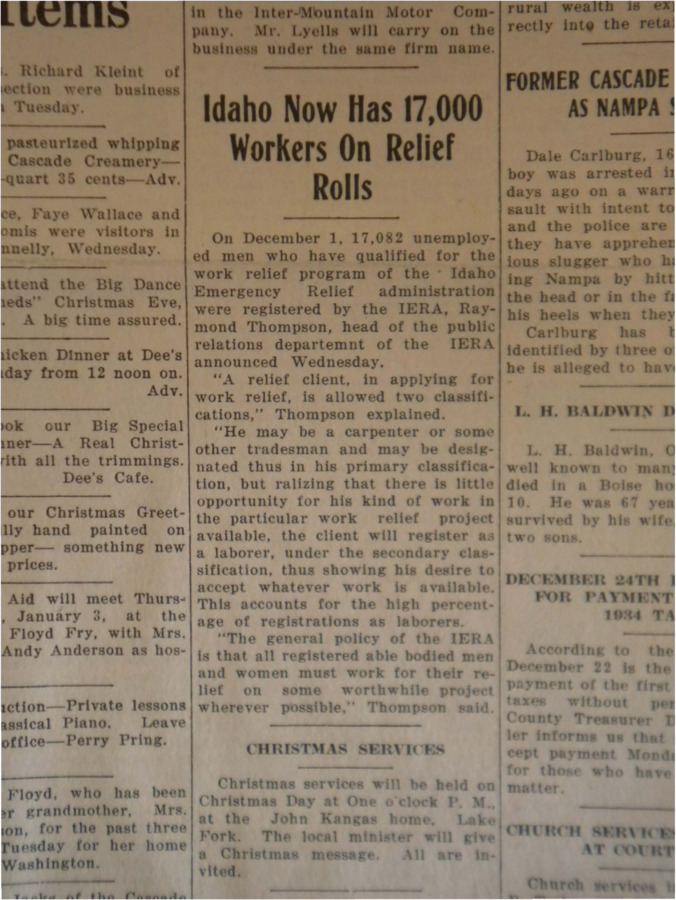 Article outlining the announcements from Raymond Thompson, heaad of the public relations department of the IERA, in which he said that 17,082 unemployed men would be working in relief roles.