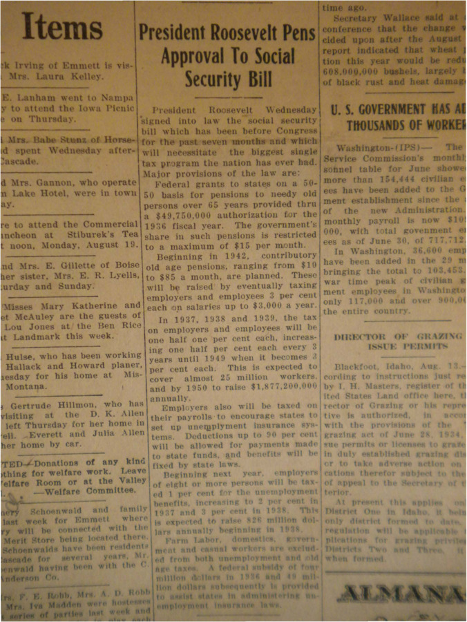 Article about the passing of the new social security bill by President Roosevelt.