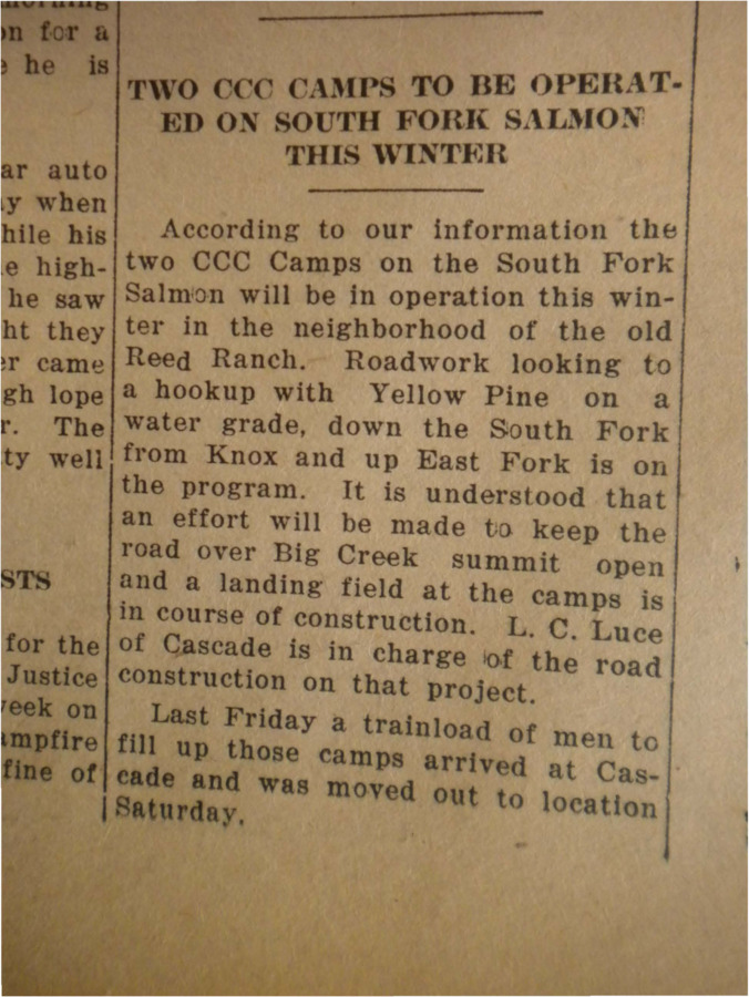 Announcement that the two CCC camps on the South Fork Salmon will continue operation throughout the winter.