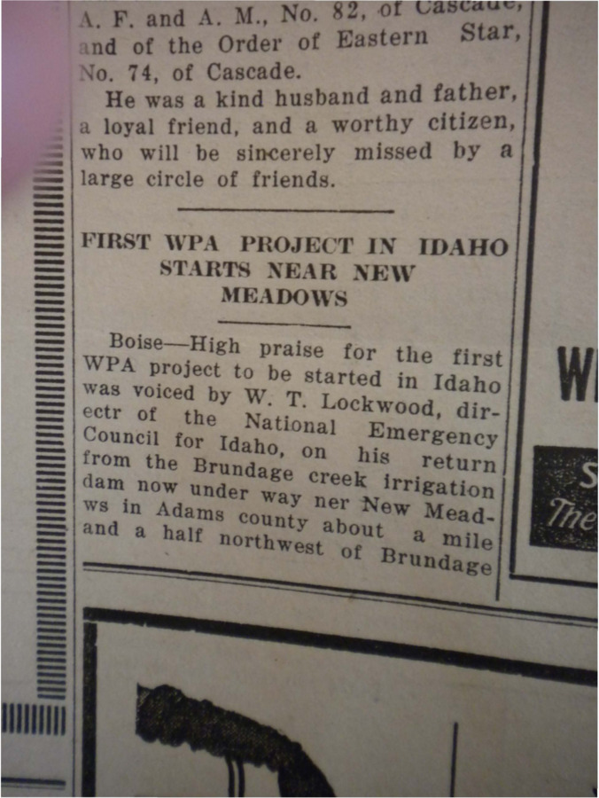 Column about the construction of the Brundage dam and the praise for Idaho's first WPA project from director of the National Emergency Council for Idaho, W.T. Lockwood