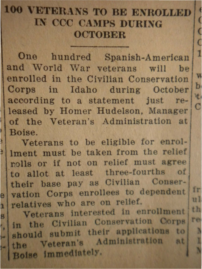 Announcement from Homer Hudelson, Manager of the Veteran's Administration at Boise, that one hundred Spanish-American and World War I veterans will be enrolled in the CCC during October.