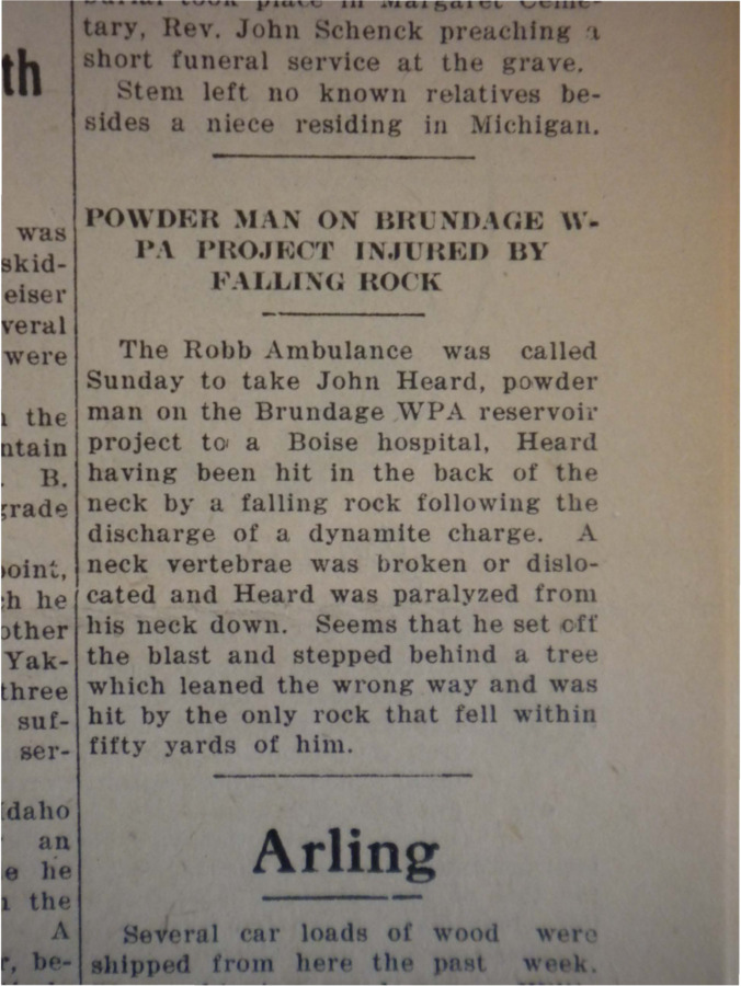Short piece about powder man John Heard, who was hit in the back with following rock, paralyzing him from the neck down.