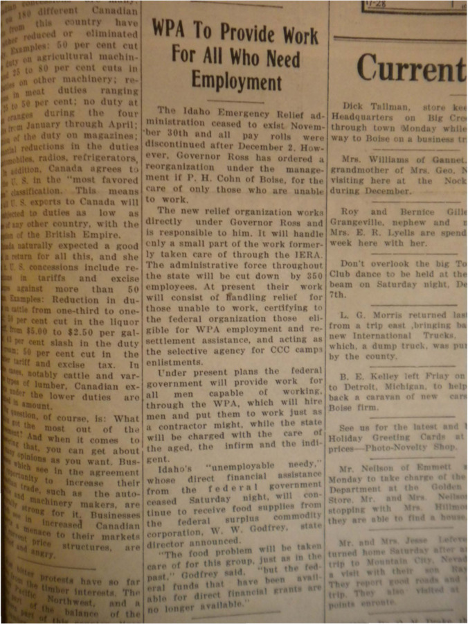 Article about the end of the Idaho Emergency Relief Administration, which would be replaced by the WPA under Governor Ross.