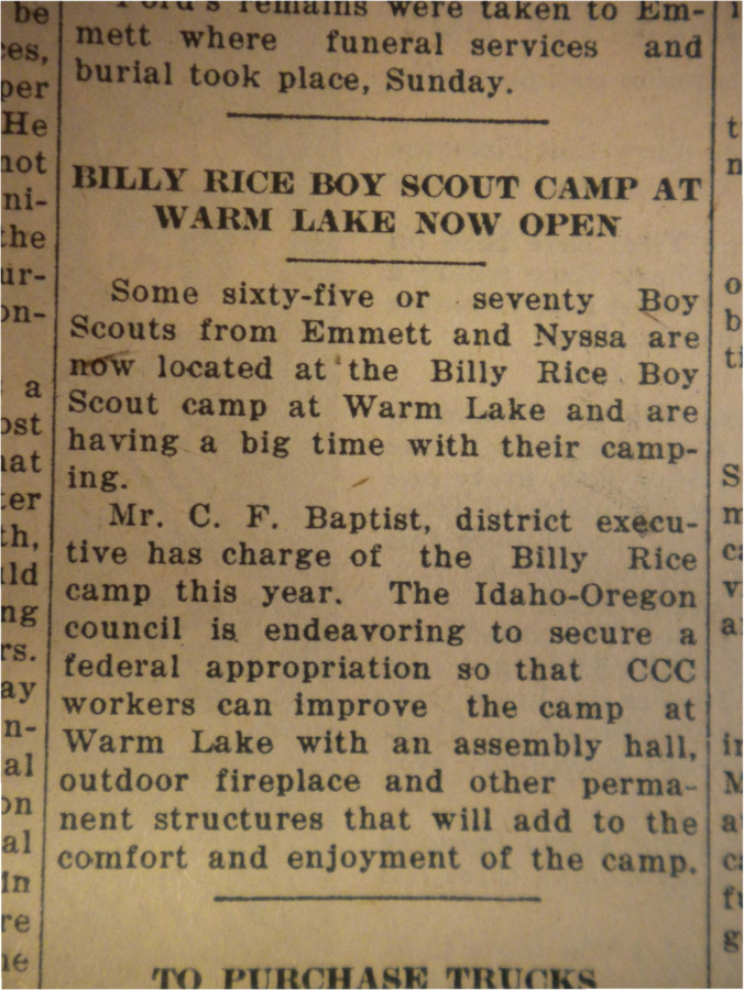 Short announcement about the Billy Rice Boy Scout Camp, and how there are already about 70 scouts present.