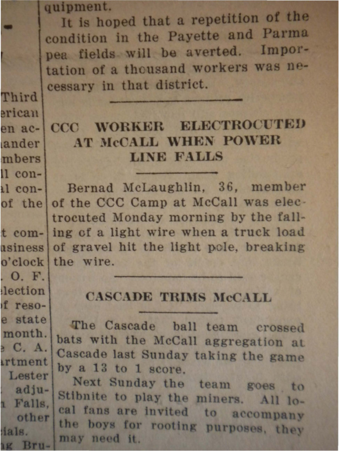 Announcement about the power line electrocution and death of CCC worker Bernard McLaughlin.