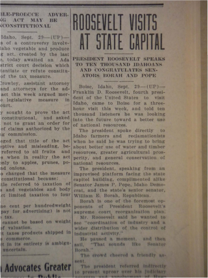 Article recapping President Roosevelt's three hour visit to Boise.